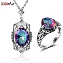Szjinao, набор из твердого 925 пробы серебра, мистический Радужный топаз, кольцо+ подвеска, винтажный свадебный набор для невесты, Африканский ювелирный набор
