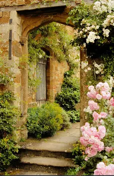 

Pink Rose Brick Arch Door garden flower leaves photo backdrop Vinyl cloth High quality Computer print wall Background