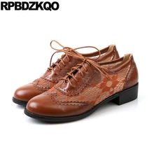 Низкий каблук меш шнурок большой размер Круглый носок зашнуровать выдолбить марочный женская обувь оксфорды лето 10 черный грубый башмак коричневый 11 воздухопроницаемый европейская красивая весенняя осень последние