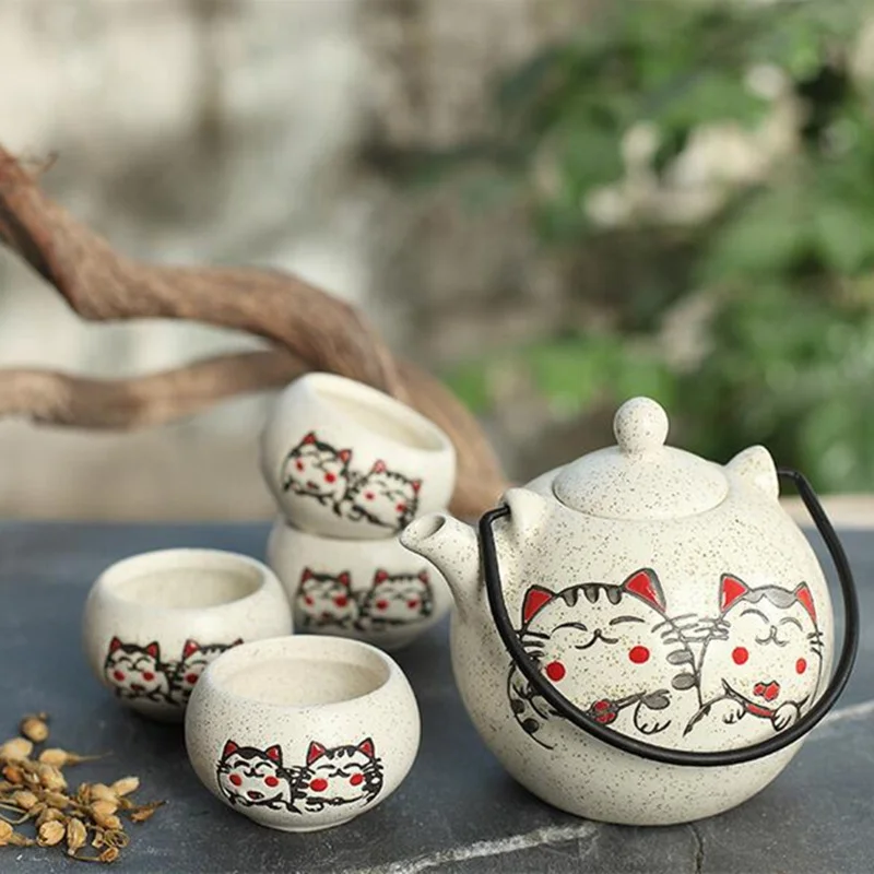 

350ml Japanese tea set, five-piece ceramic tea set with hand-painted lucky cat, business gifts Souvenir home use tea sets