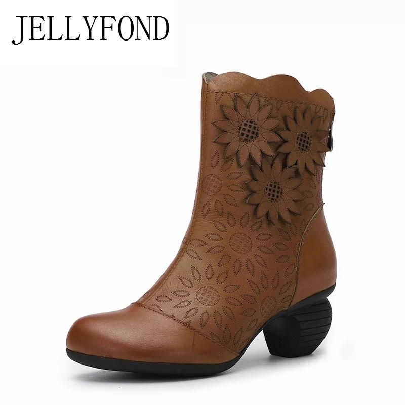 

JELLYFOND Women Genuine Leather High Heel Mid Calf Boots Platform Winter Boot Footwear Shoes Woman Handmade Floral Vintage Boots
