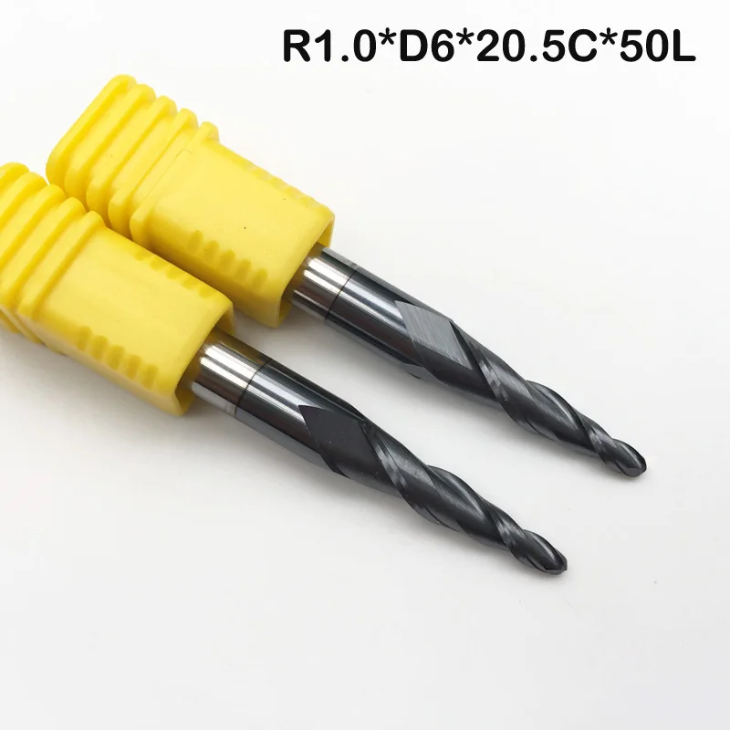 2pcs R1*D6*20*50L*2F HRC55 Tungsten solid carbide Taper Ball Nose End