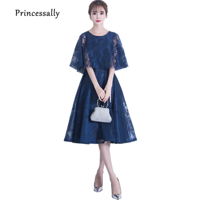 Navy Blue Lace Cocktail Length Dress