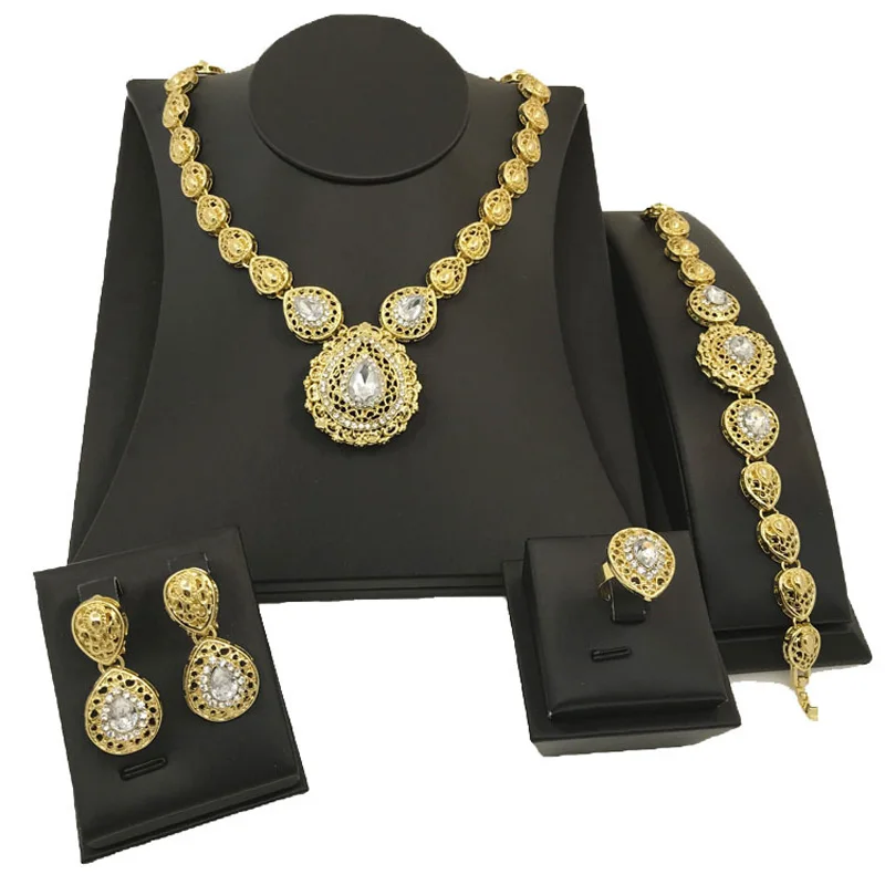 Liffly Dubai Fashion Jewelry Sets Classic Creative Design Crystal Necklace Charm Bracelet for Women Earring Wedding Accessories | Украшения