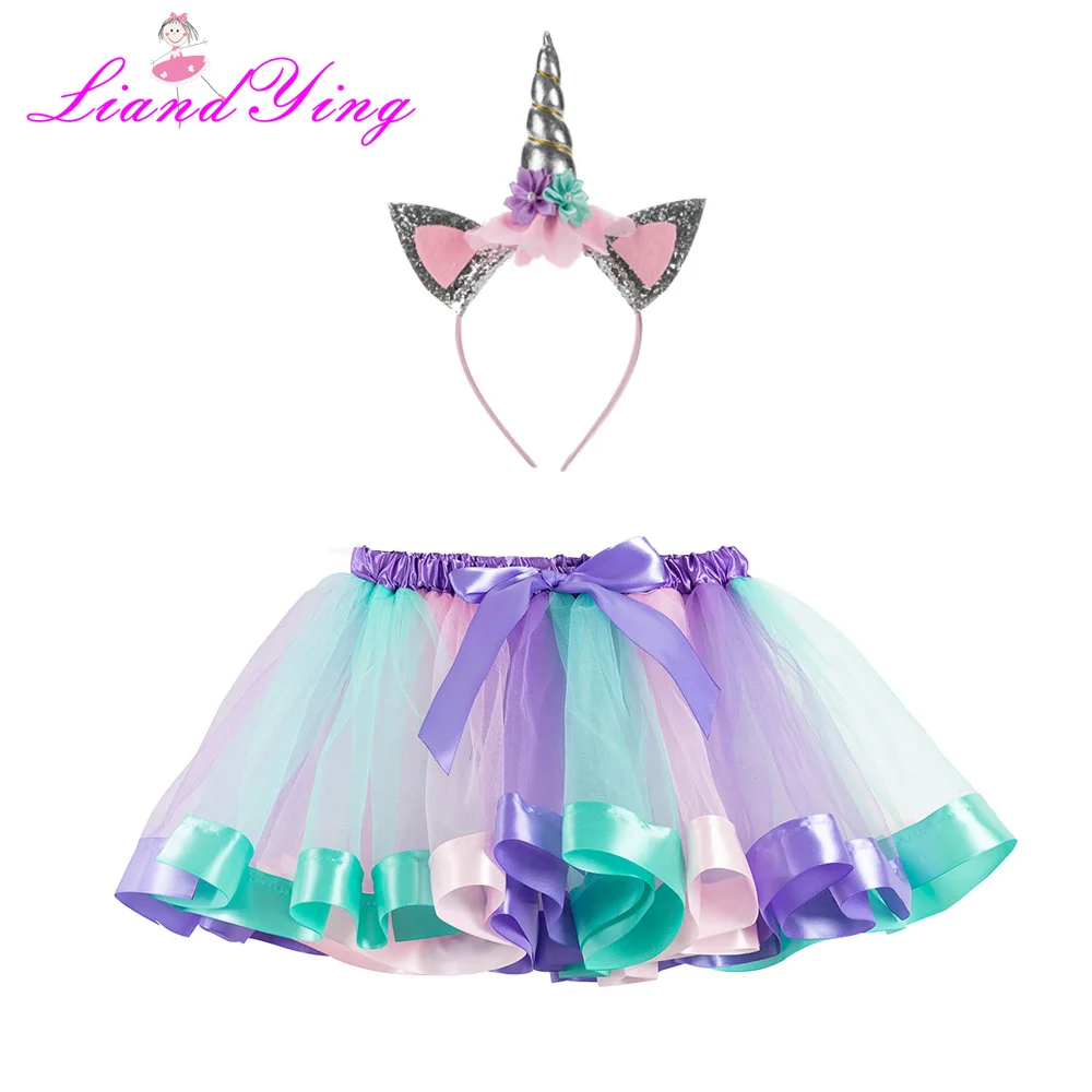 Unicorn Headband Princess Mermaid Tutu Skirt Baby Girls Clothes Rainbow Kids Party Tutu for Girls Skirts Children Ball Gown - Цвет: 6305 with headband