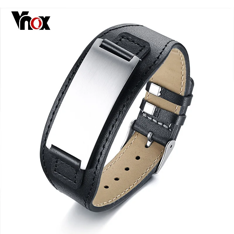 

Vnox Free Customize Chunky ID Bracelets for Men Bangle Genuine Leather Wristband Stainless Steel Bar Punk Male Jewelry Pulseira