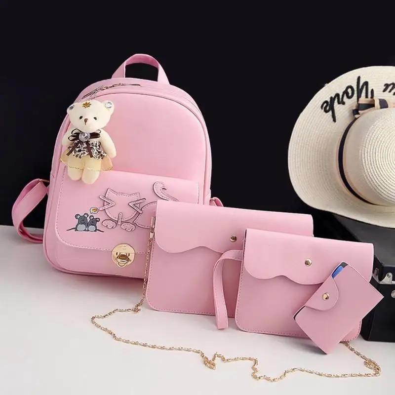 

4pcs/Set Composite Bag Cat Animal Pattern Printing Shoulders Bags Soft PU Leather Women Backpack Small Bag Travel Rucksack