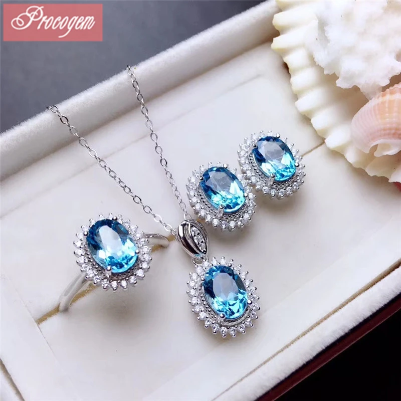 

Natural Blue Topaz Jewelry sets for women girls Faceted Genuine Gemstones with zircon Necklace Ring Earrings S925 silver #215