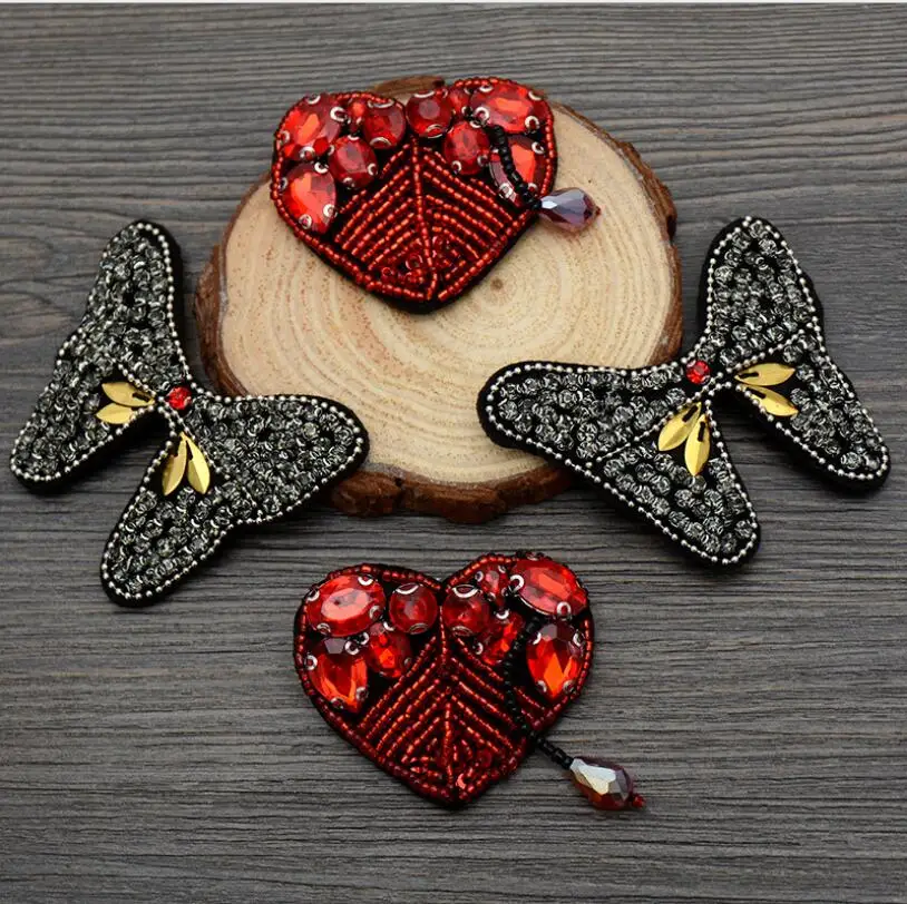

Handmade Beaded Butterfly Red Heart Shaped Cloth Garment Accessories DIY Clothes Bag Decoration Applique Hand Sewing