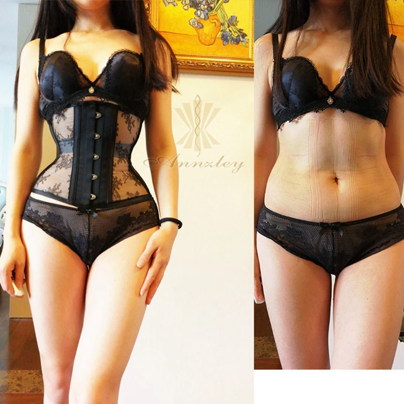 Annzley Corset Slimming Before And After Black Mesh Steel Boned Underbust  Corset For Weight Loss