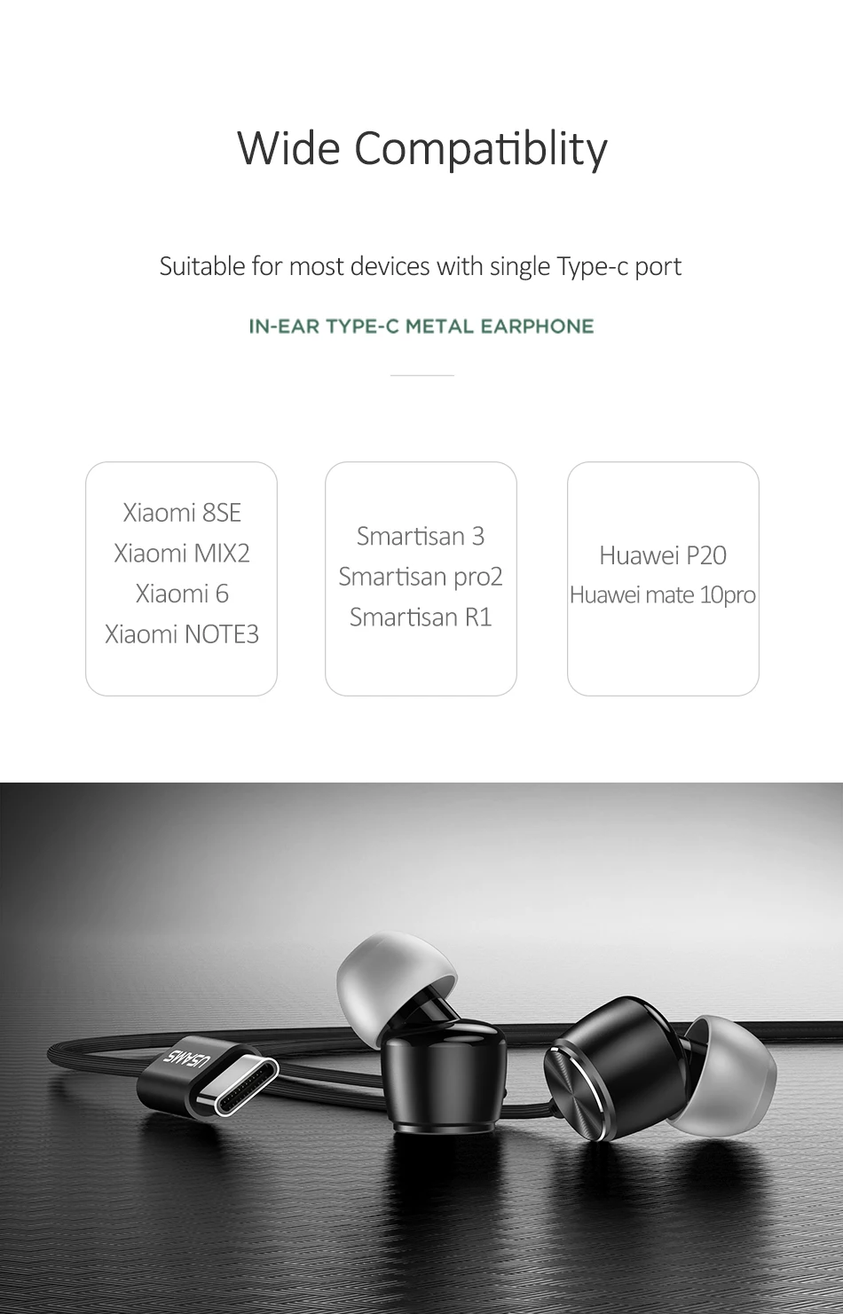 USAMS, EP-31, басы, наушники-вкладыши, type-C, металлические наушники, USB C, гарнитура, проводные, наушники, type c, для samsung, huawei, микрофон