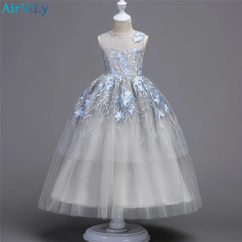 

Teenager Wedding Flower Girls Princess Tulle Dress Kids Girls Elegant Princess Pageant Party Dress beauty Tulle Floor long Dress