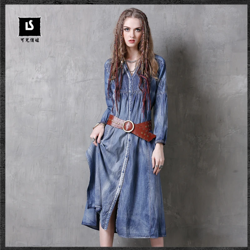 El original 2017 mujeres otoño moda vestido de vaquero Encaje costura plisada Vestidos kleid|dress jeans|dress vintagelong pleated dresses - AliExpress