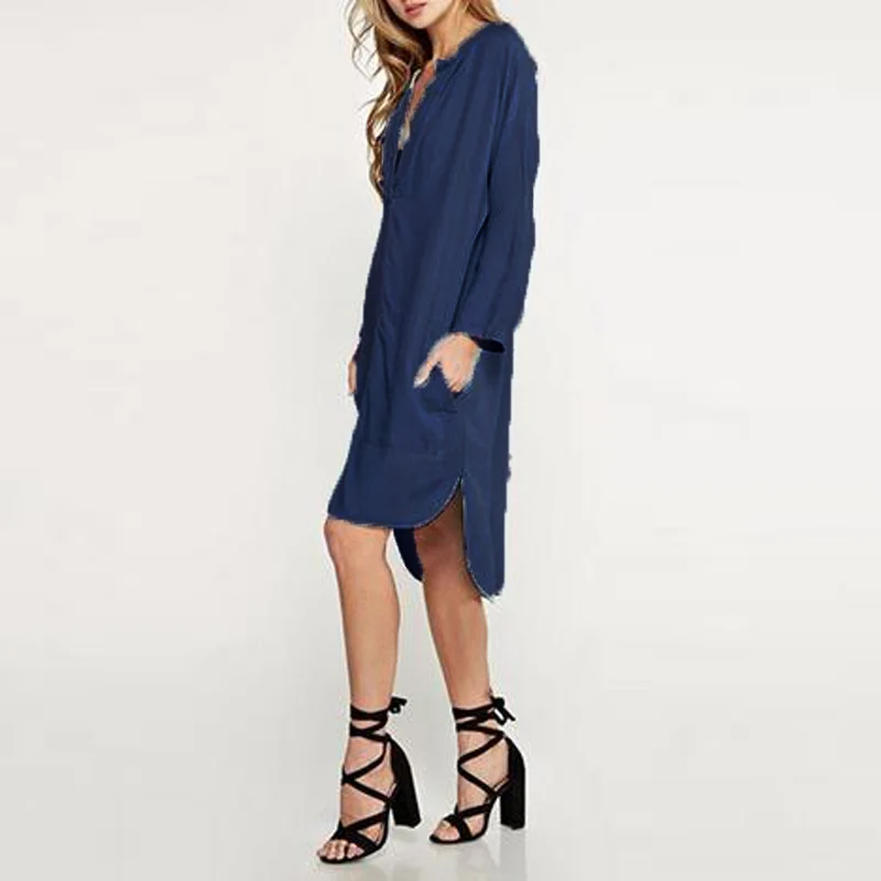 2019 Women Straight Denim Blue Jean Shirt Dress Long Sleeve Vintage Retro Summer Sweatshirt Baggy Dress Plus Size Vestidos