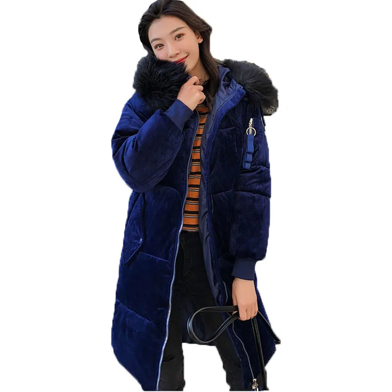 

New Women Winter Jackets 2019 Velvet Coat Lady Medium Long Hooded Faux Fur Collar Plus Size Coat Woman Snow Parka Thick Clothing