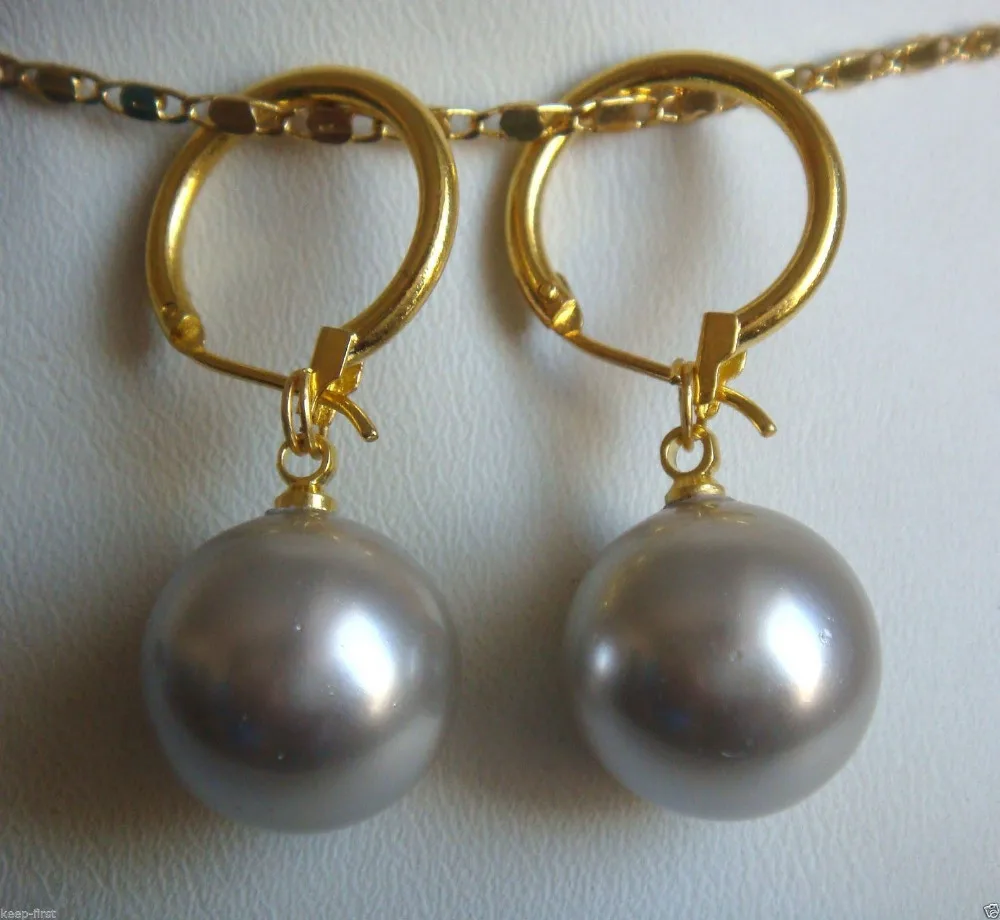 Free shipping@ Genuine 14mm Gray South Sea Shell Pearl Yellow Gold Plated shell Earrings | Украшения и аксессуары