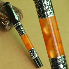 BOOKWORM 675 ORANGE CELLULOID M NIB FOUNTAIN PEN SILVER FLOWER CARVED