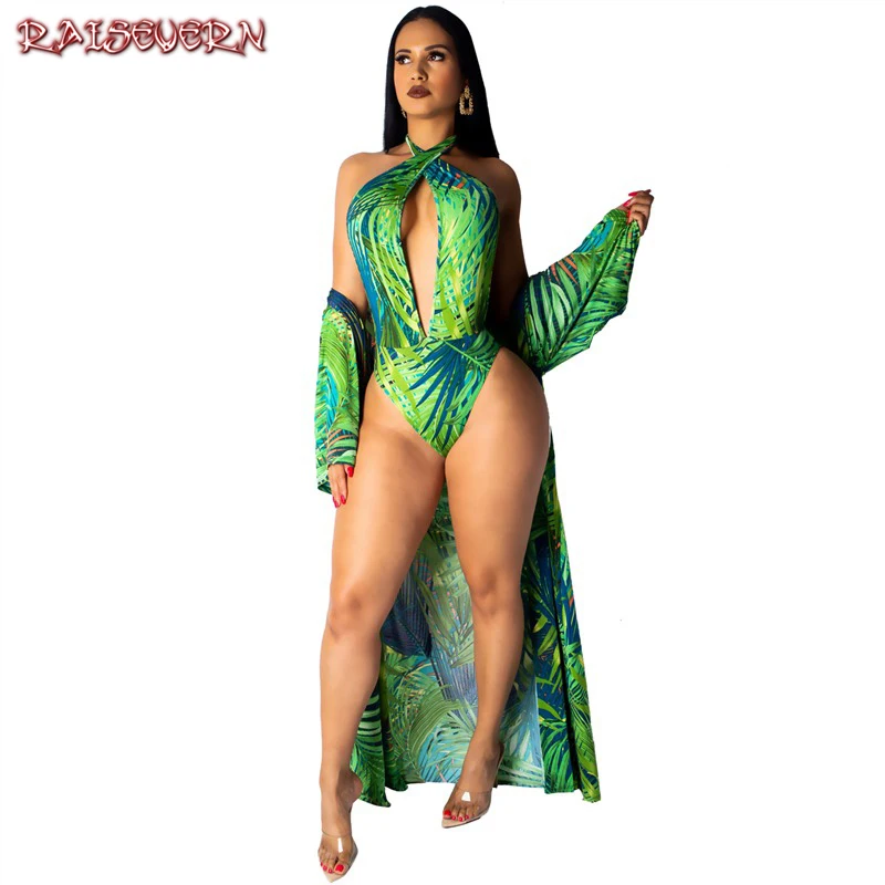 

RAISEVERN Floral Leaf Print Sexy Two Piece Set Women Sleeveless Bobysuit Top And Bodycon Long Coat Summer 2 Piece Beachwear 2019