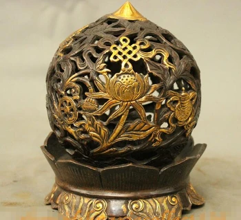 

Tibetan Buddhism Bronze Gilt 8 Auspicious Symbol Lotus Statue Incense Burner Box