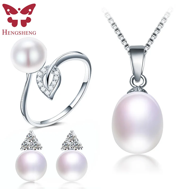 

HENGSHENG Hot Women Jewelry Set,Pendants&Earrings&Ring,Natural Freshwater Pearl,Bread&Rice Round Shape,Party&Wedding Jewelry