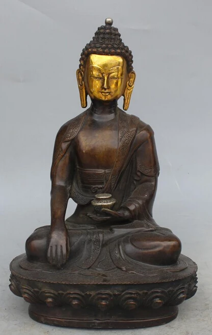 

Free Shipping 006997 12" Chinese Silver Bronze Gilt Seat Lotus Shakyamuni Amitabha Buddha Bowl Statue