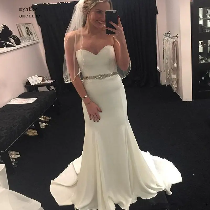 

2020 Mermaid Sweetheart Bridal Gown Sweep Train Ivory Wedding Dress Beading Elastic Silk Like Stain For Garden Rustic Bohemian