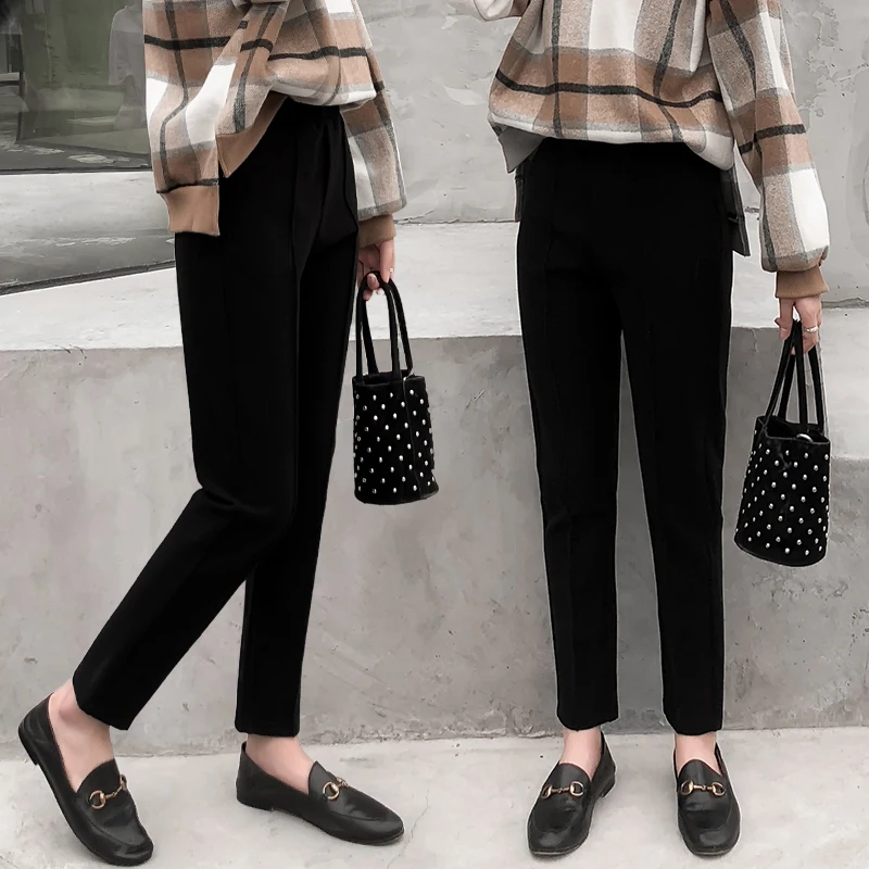 

2019 Korean New Autumn Winter Women Wide-legged pants Ankle-length Pants Casual Thin Solid black pants