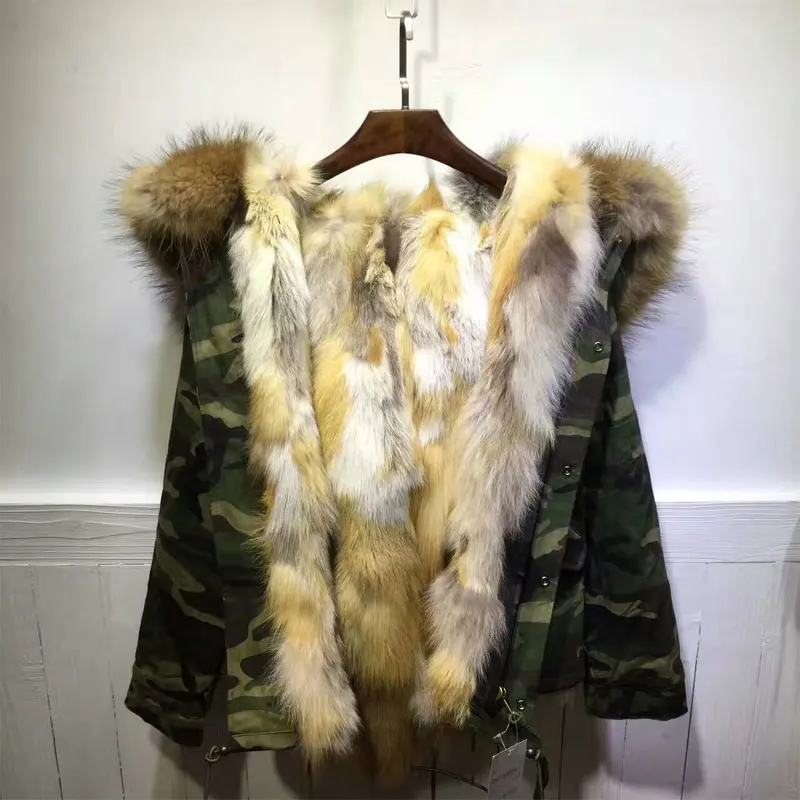 Camouflage Natural Fur Jacket Apricot Fox fur Long hair FurCoat Winter Raccoon fur Jacket Parka 