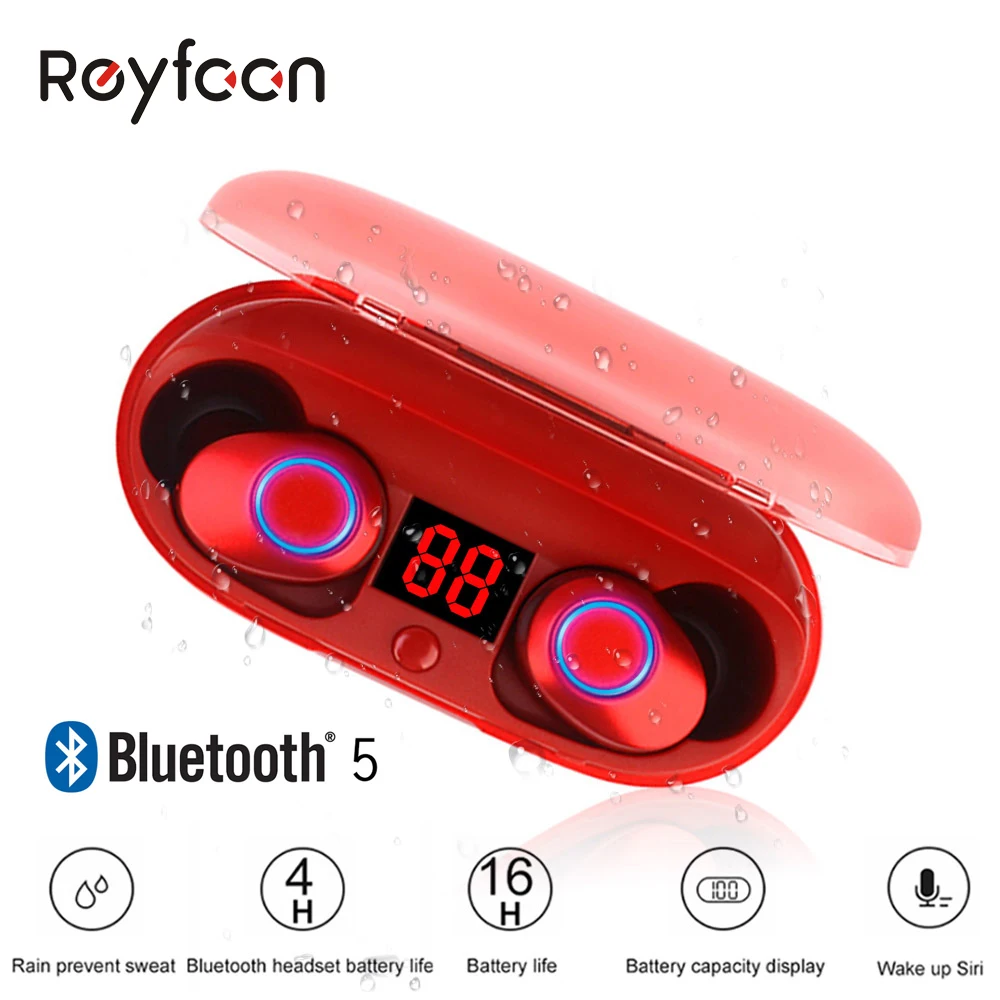

Reyfoon Stereo Sound Ear buds Bluetooth5.0 Wireless Headphones With Charging Box Battery Display Noise Cancel Invisible TWS