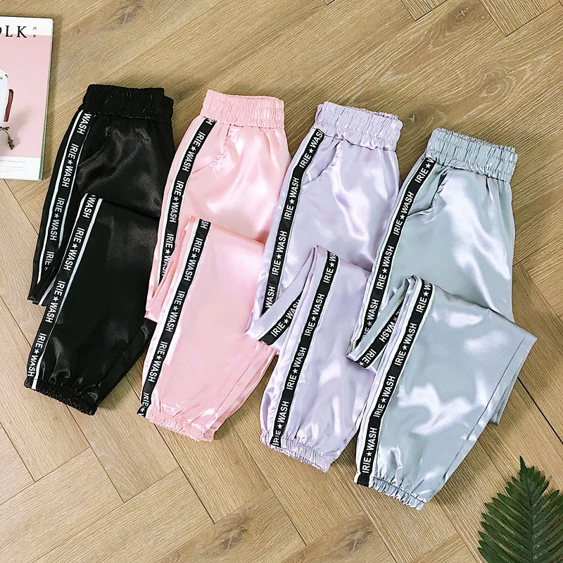 

Summer Big Pocket Satin Highlight Harem Pants Women Glossy Sport Ribbon Trousers BF Harajuku Joggers Women's Sports Pants