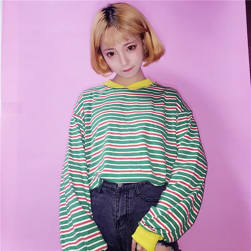 Najtaniej Damskie koszulki tunika Kawaii dziewczyna w stylu vintage, w paski kolor pełna koszulka kobiet Ulzzang Harajuku tunika dla kobiet na co dzień punkowa koszulka