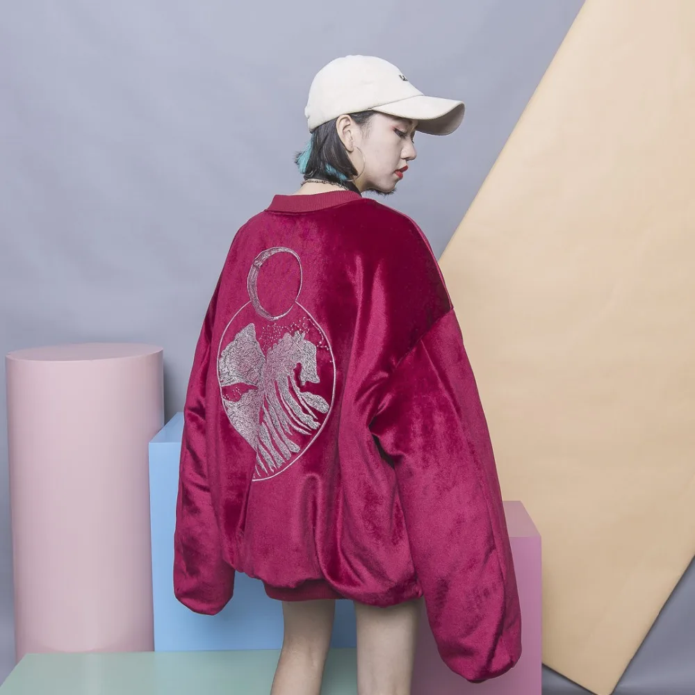 

Fashion street HARAJUKU silveryarn embroidery abstract loose plus size gold velvet thickening wadded outwear cotton-padded