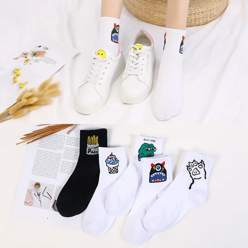 

SP&CITY 5Pairs Cartoon Patterned Cotton Short Socks Casual Harajuku Women Ankle Socks Girls Funny Low Printed Socks Art Sox