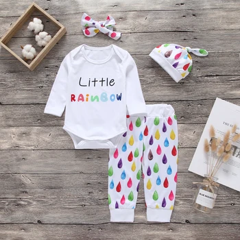

Newborn Infant Clothes Baby Girl Toddler Cotton Long Sleeve T-Shirt +Pants+Headband +Hat Clothing Children's 4 Piece Set