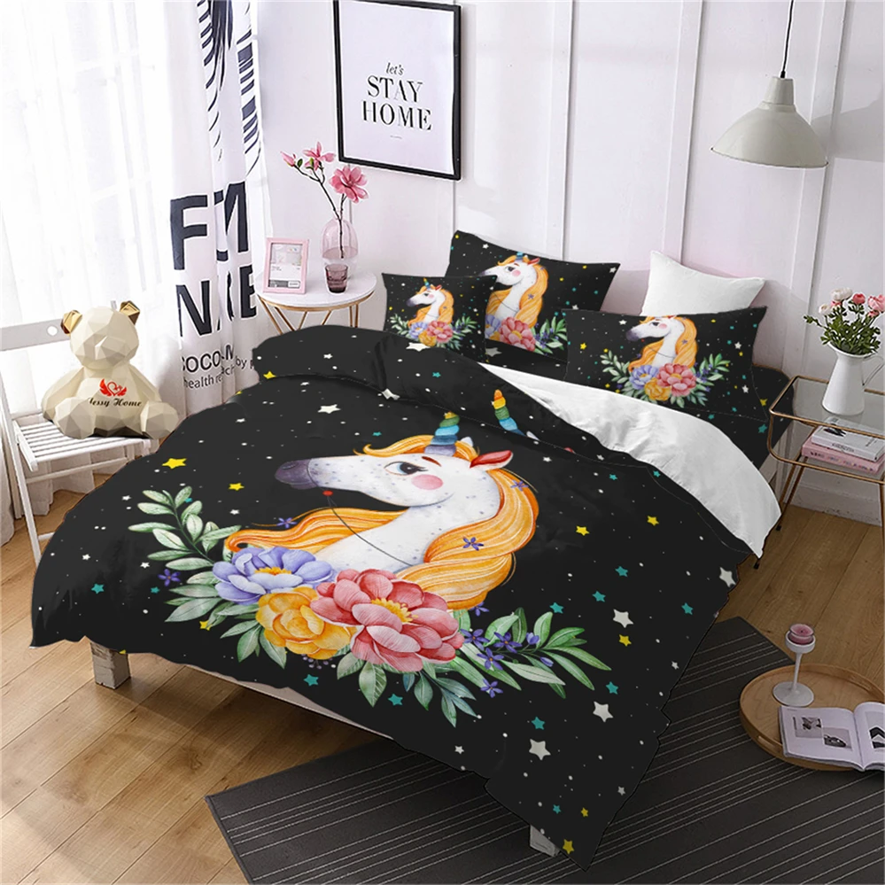 

3Pcs Colorful Cartoon Unicorn Bedding Set Floral Stars Print Duvet Cover Set Girls Princess Quilt Cover Polyester Bedclothes D35