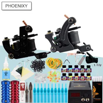 

Complete Tattoo Kit 2 Tattoo Machine Set Black Power Supply 10Pc Tattoo Inks Needles Grips Permanent Makeup Professional Tattoo