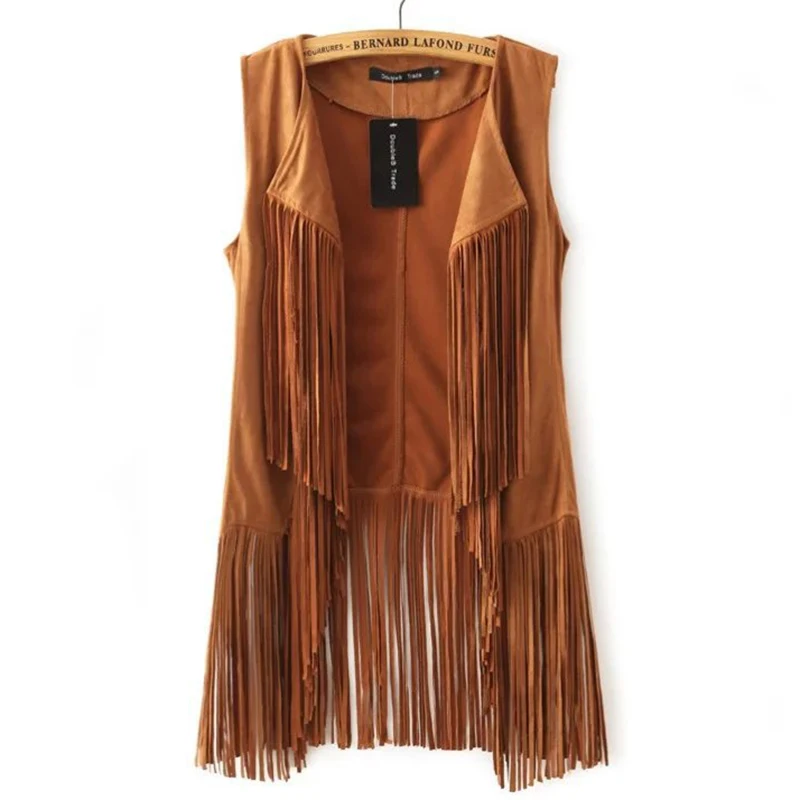 

Long Suedette Sleeveless Tassel Fringed Vest Waistcoat Women Spring Autumn Pop basic fashion V neck open stitch outwears femme