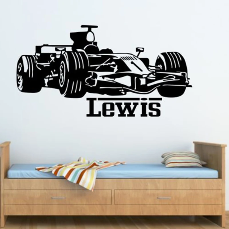 

F1 Car Wall Stickers Mural For Kids Room Decoration Personalized Boy Name Bedroom Decal Custom Name Vinyl Home Decor B012
