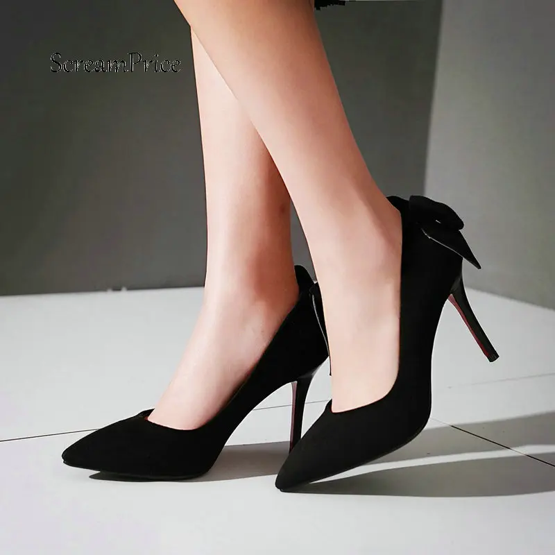 Для женщин пикантные флоковые тонкий высокий каблук сладкий лук узел обувь без застежки модные модельные туфли-лодочки с острым носком