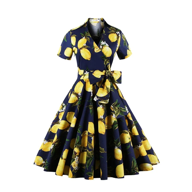 Plus Size S 4xl Women Dress Lemon Dot Print Swing Short Sleeves Dress