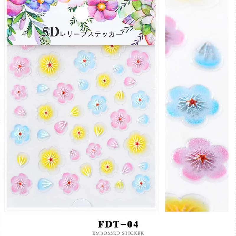 1pcs Flower Series Nails Stickers Exquisite DIY Manicure 5D Embossed Pattern Water Decals Tips with Back Sticker Nail Art Decor - Цвет: FDT-04