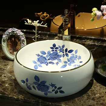

China Artistic Handmade porcelain Round bathroom counter top ceramic Bathroom basin sink ceramic hand wash basin bathroom sinks