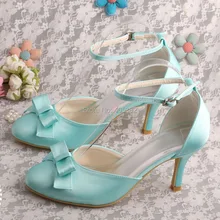 Bride Collections Women’s Evening Party Round Toes High Heel Satin Buckle Bridal Shoes Mint Green