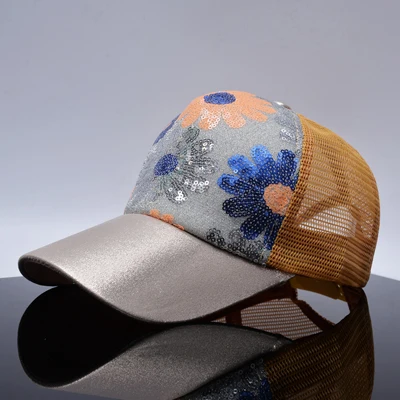 Повседневное девушки, бейсболки женские цветы сетки шляпа бренд snapback cap Блестки Блестящие кости шляпы для женщин в стиле хип-хоп casquette - Цвет: Оранжевый