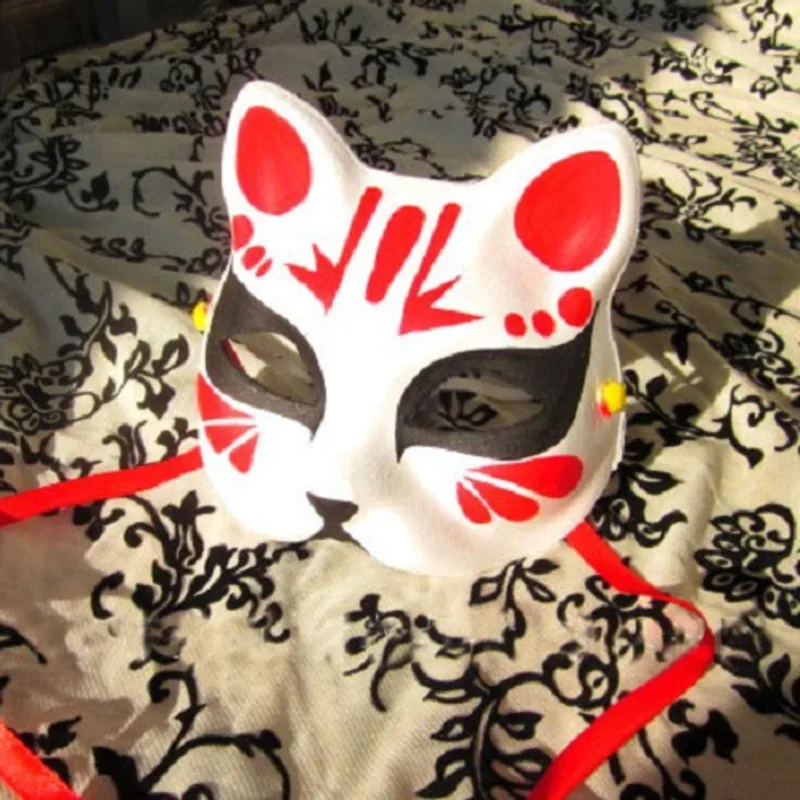 

Half Face Hand-Painted Japanese Fox Mask Kitsune Cosplay Masquerade for Party Halloween Red Color