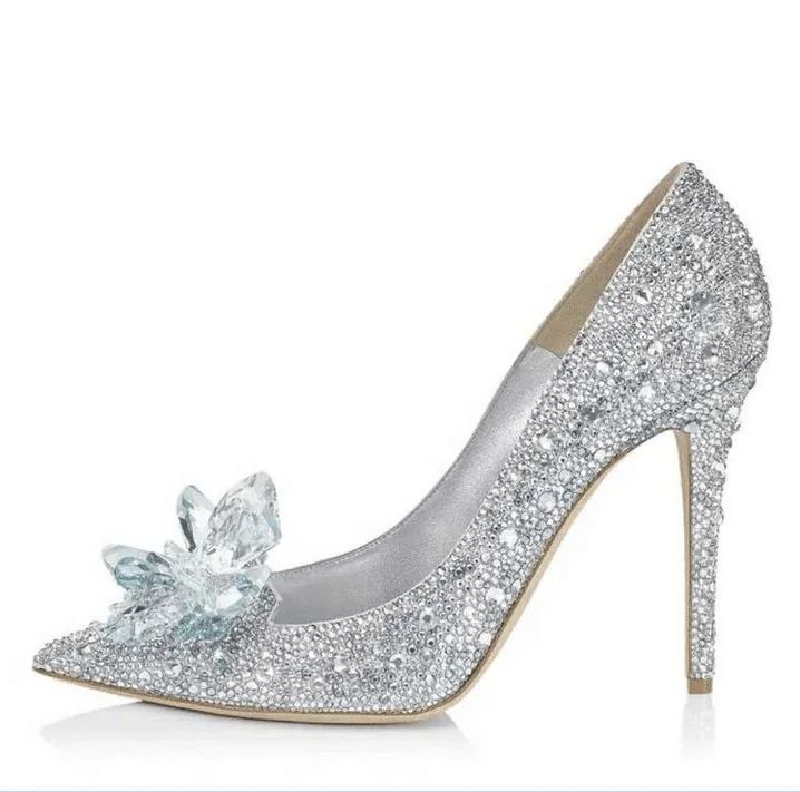 New Designer Silver Crystal Wedding Shoes Bride Pointed Toe