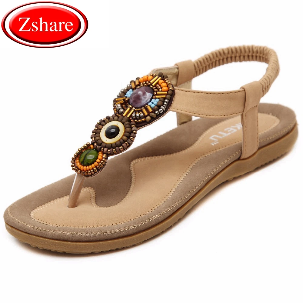 

Bohemian Clip Toe Women Sandals 2019 Women Summer Beach Sandals Gemstone Beaded Slippers Large size Ladies Flat Sandals 35-42