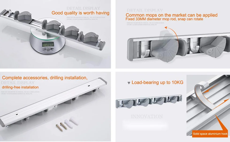 Держатель для швабра и метла, 4 зажима, 5 крючков, настенный держатель для ванной комнаты, гаража, полотенец, зонта, ткань для хранения, органайзер, крючок, стойка, черный