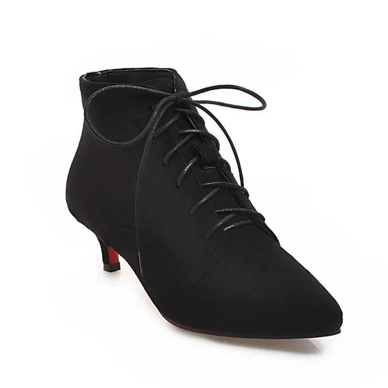 Женские ботинки на шнуровке цвета хаки г. Новая женская обувь больших размеров, женская обувь с острым носком на тонком среднем каблуке флок PHOENTIN PH061 - Цвет: Черный
