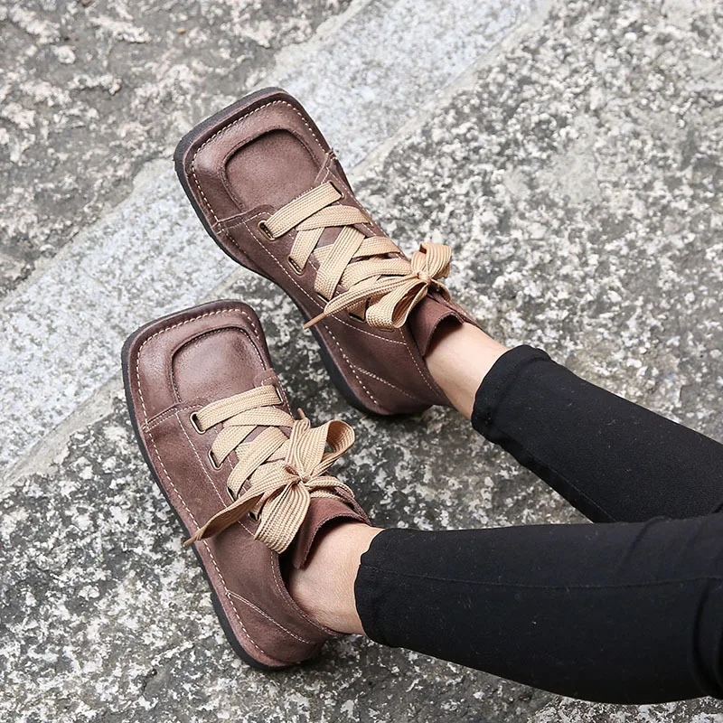 

Women Genuine Leather Ankle Boots Casual Low Heels Winter Shoes 2018 Lace Up Leather Women Martin Boots Handmade Shoe Square Toe